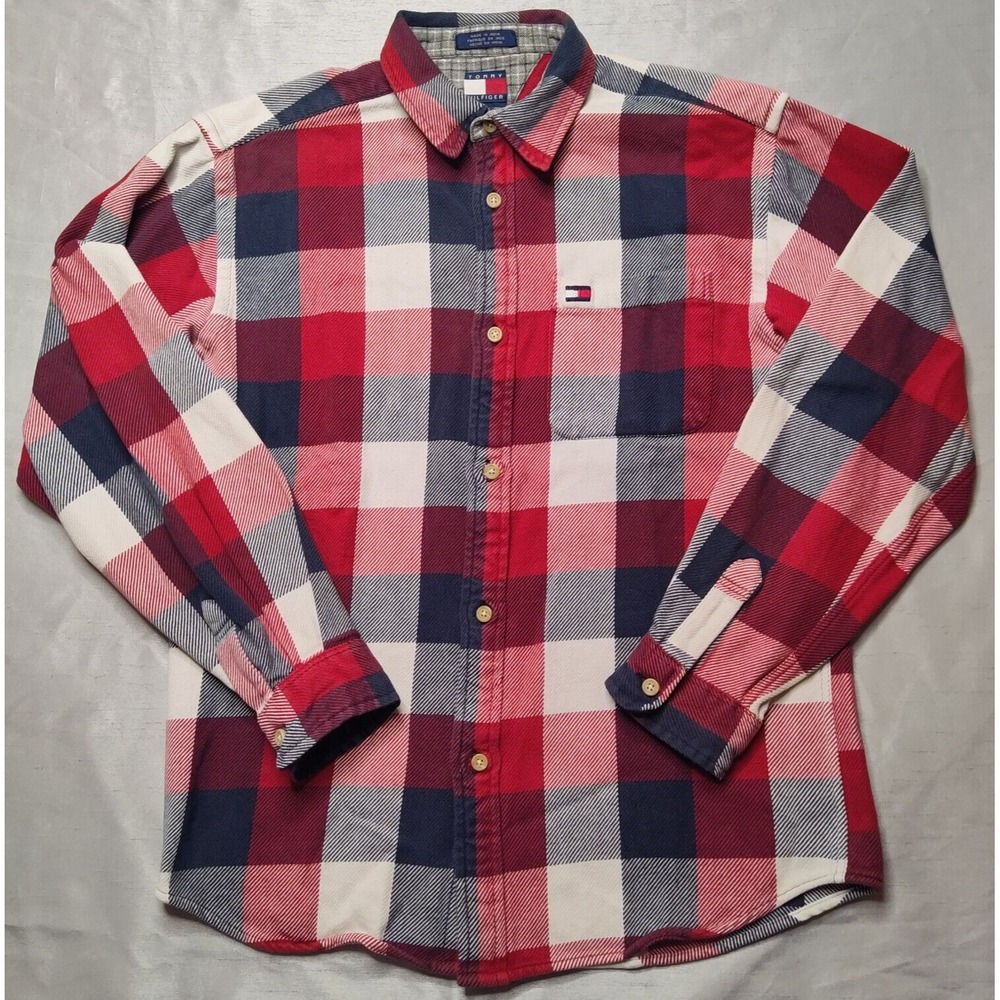 VTG TOMMY HILFIGER Men Large Cotton Red White Blue Plaid Heavy Flannel Shirt